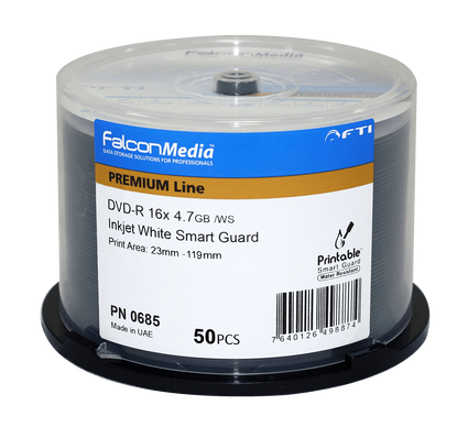 FalconMedia 4.7GB 16x SmartGuard White Inkjet DVD-R - Glossy, Water-Resistant, Hub Printable - Carton of 300 Discs