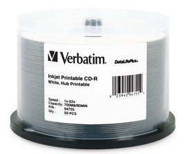 Verbatim CD-R 80MIN 700MB 52X Data Life Plus (Super Azo) White Inkjet Hub Printable 94755 Quantity: 250