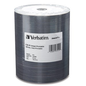 Verbatim 80 Minute/700MB 52x Data Life Plus (Super Azo) White Inkjet Hub Printable CD-R - 97019 - 600 pack (Tape Wrap)